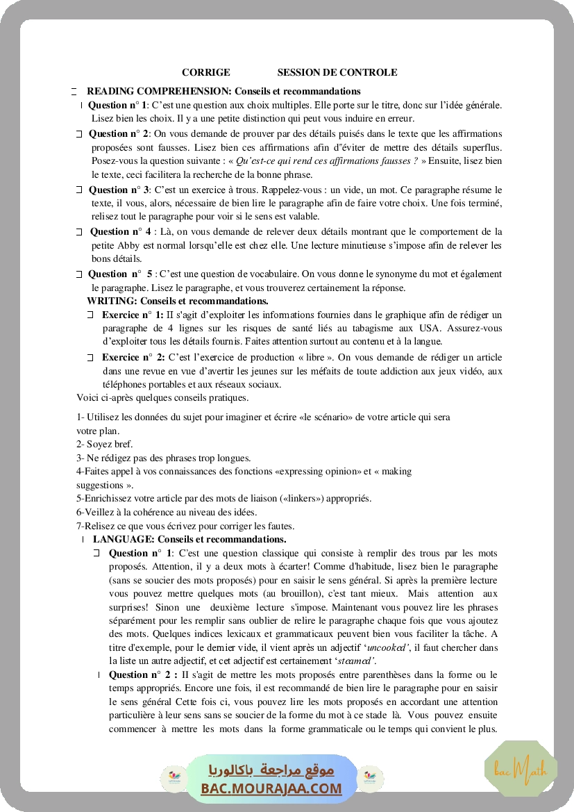 Corrigé controle anglais Bac 2012 – Section math